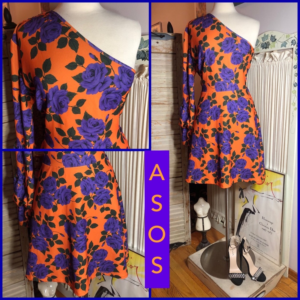 NWT- 14-ASOS ORANGE ONE SLEEVE PURPLE FLORAL DRESS